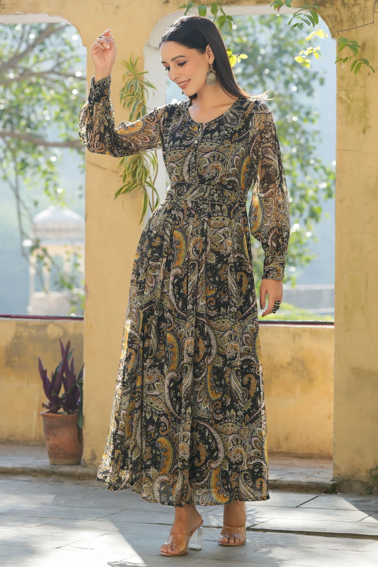 Jashvi Black Paisley Printed Chiffon Flared Maxi Dress With Buttons