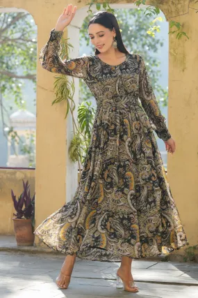 Jashvi Black Paisley Printed Chiffon Flared Maxi Dress With Buttons