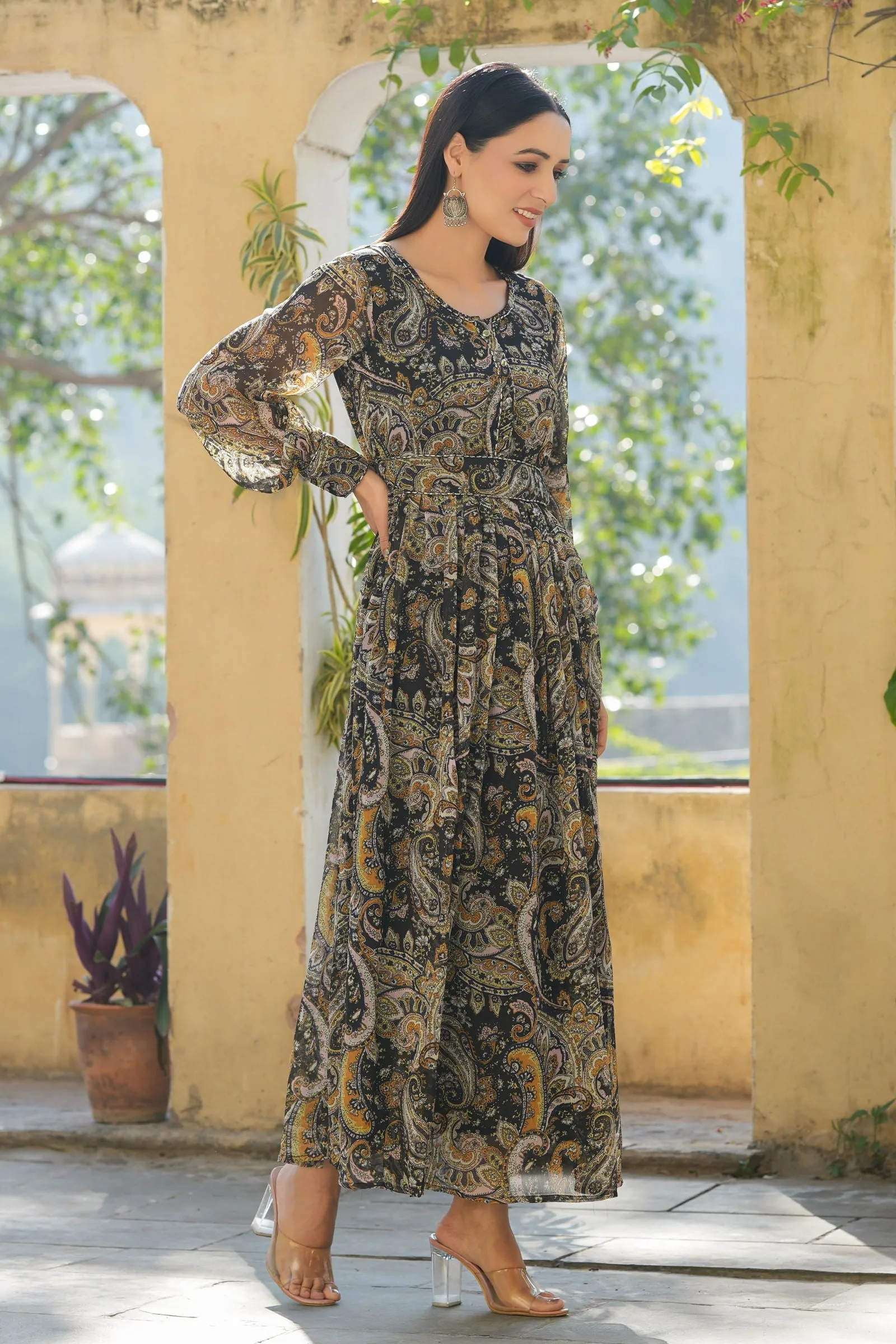 Jashvi Black Paisley Printed Chiffon Flared Maxi Dress With Buttons