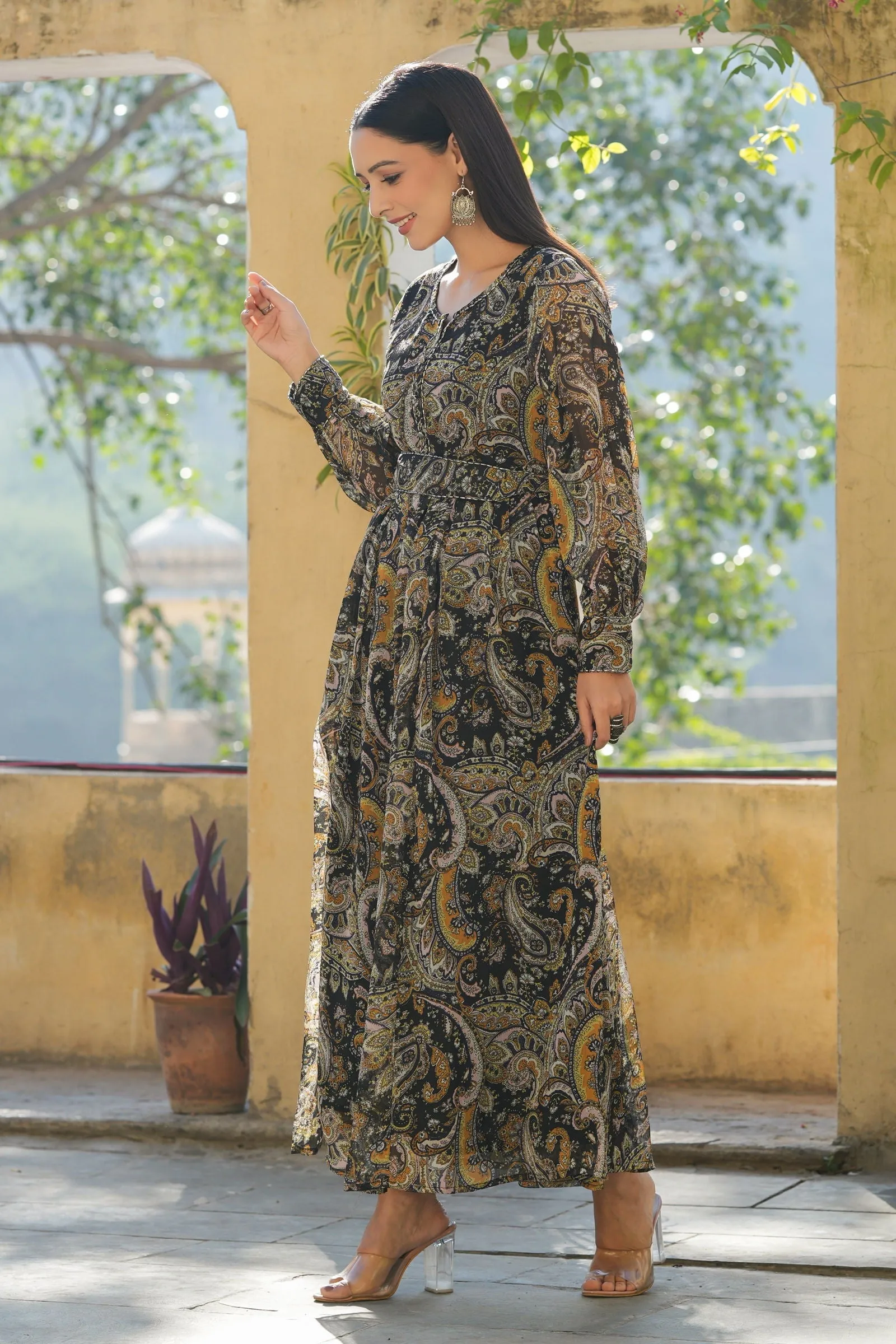 Jashvi Black Paisley Printed Chiffon Flared Maxi Dress With Buttons