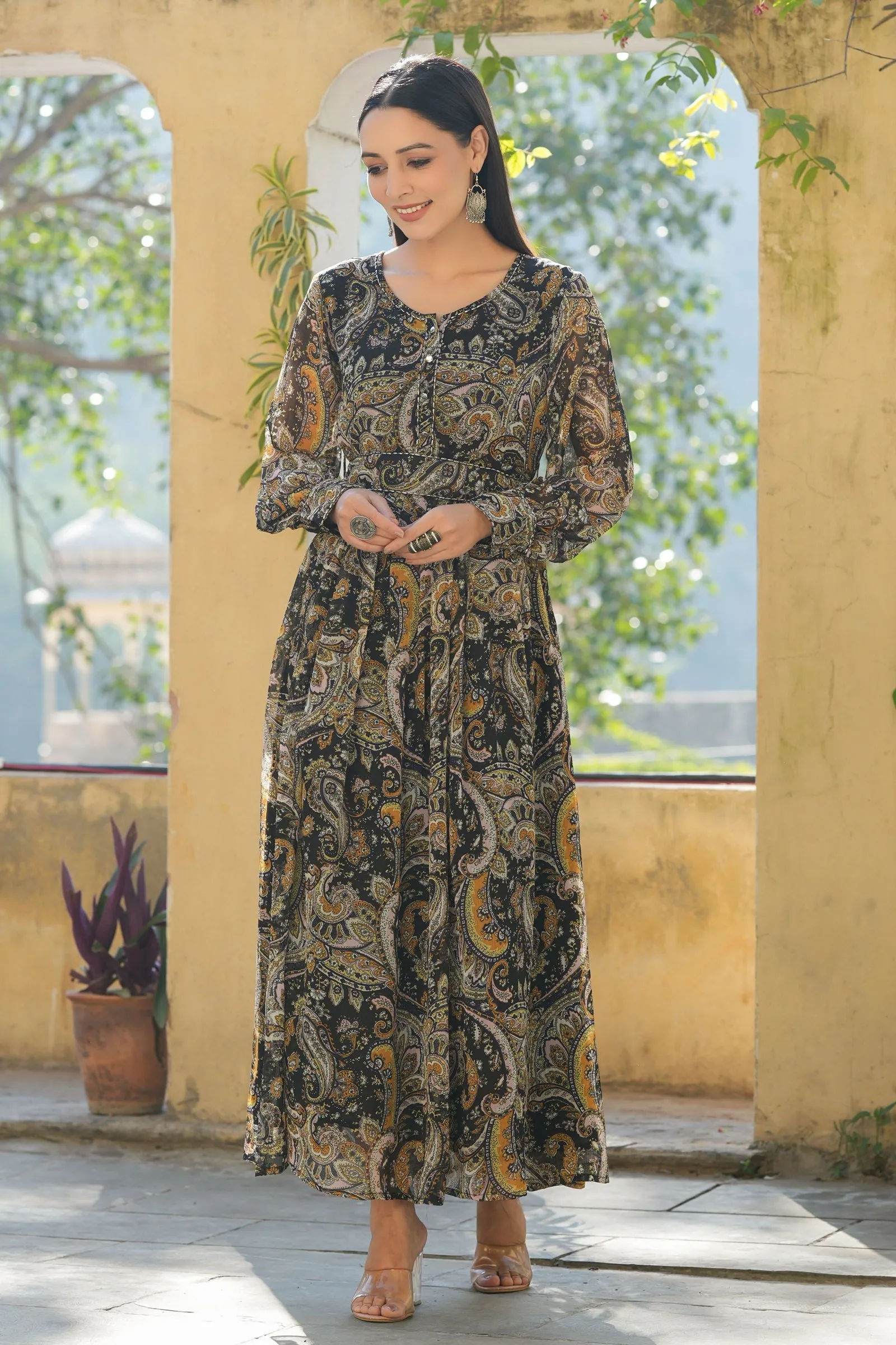 Jashvi Black Paisley Printed Chiffon Flared Maxi Dress With Buttons