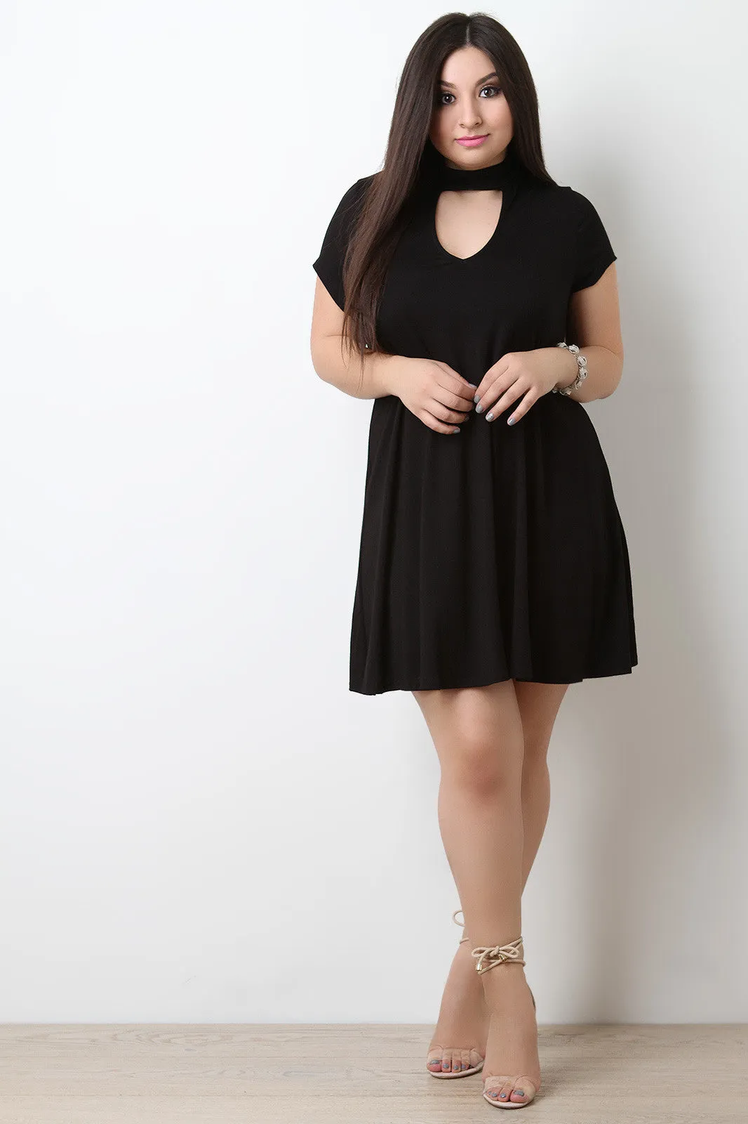 Jersey Knit Mock Choker Neck Shift Dress