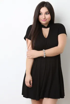 Jersey Knit Mock Choker Neck Shift Dress