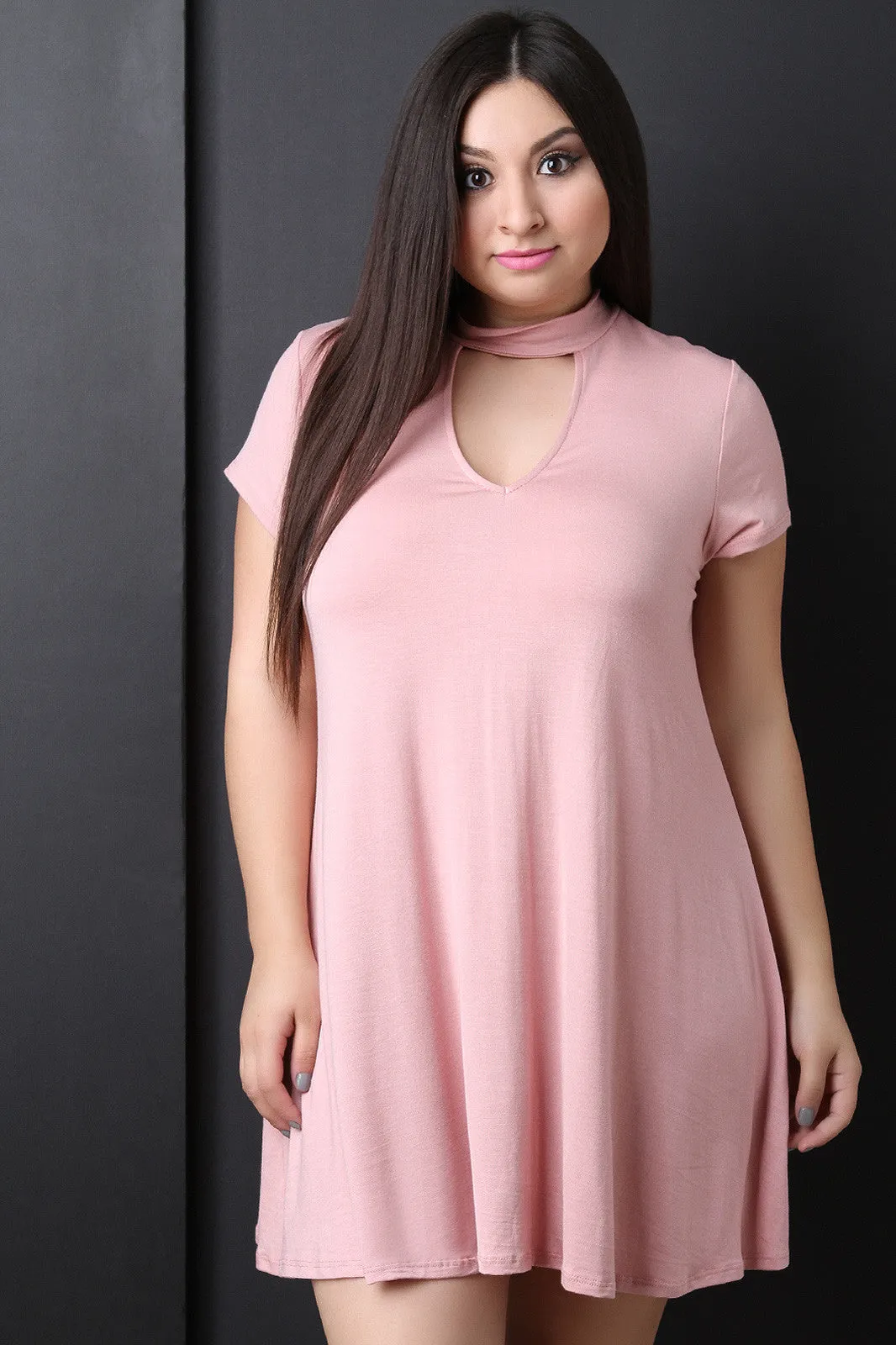 Jersey Knit Mock Choker Neck Shift Dress
