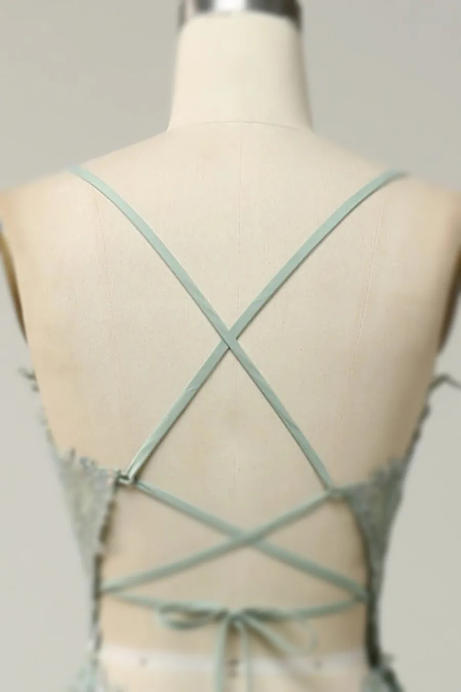 kamahe Dusty Sage Prom Dress Plunging V Neck Appliques Lace-Up A-line Long Evening Gown