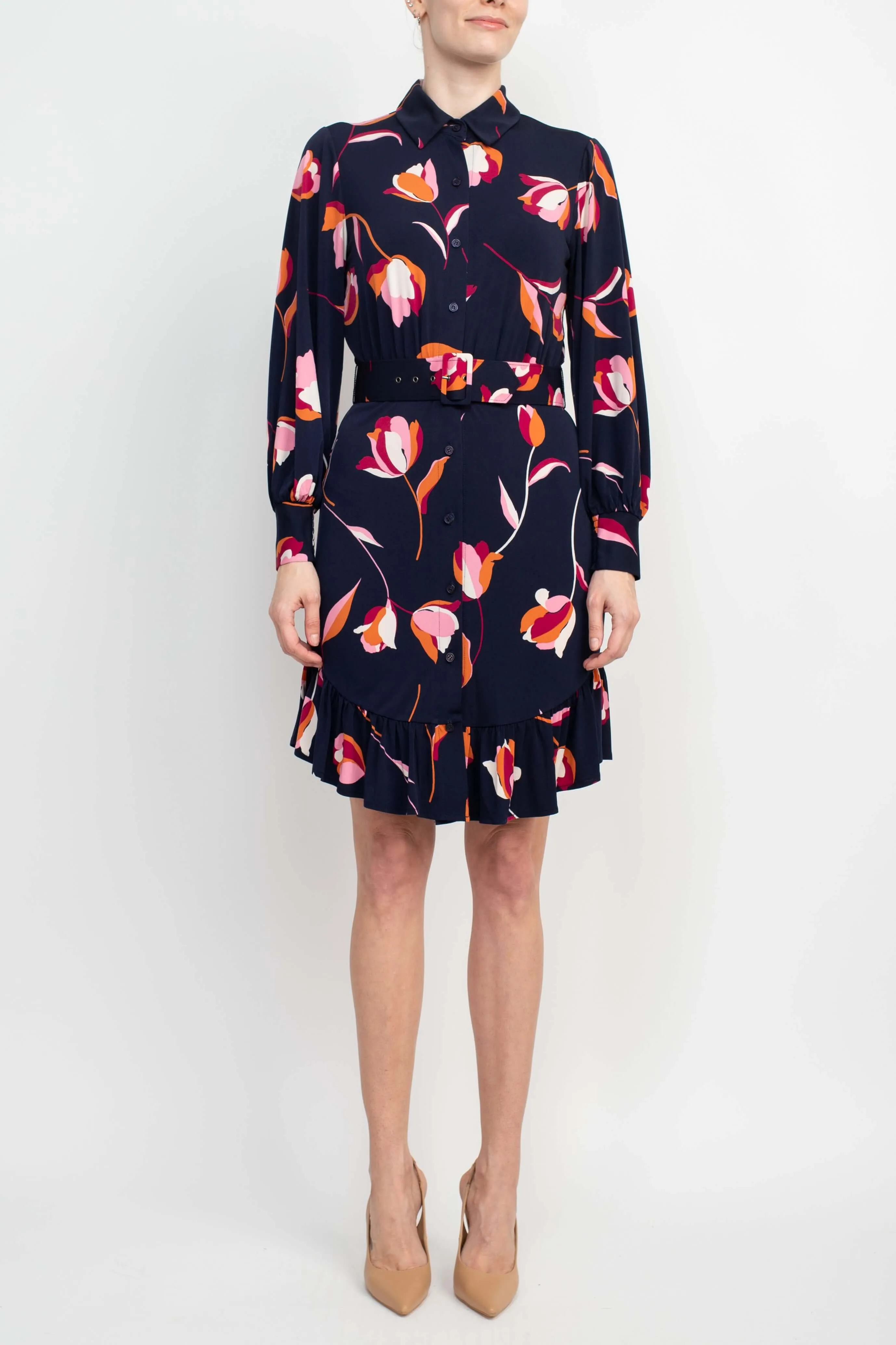 London Times Collared Button Down Elastic Cuff Long Sleeve Belted Jersey Dress