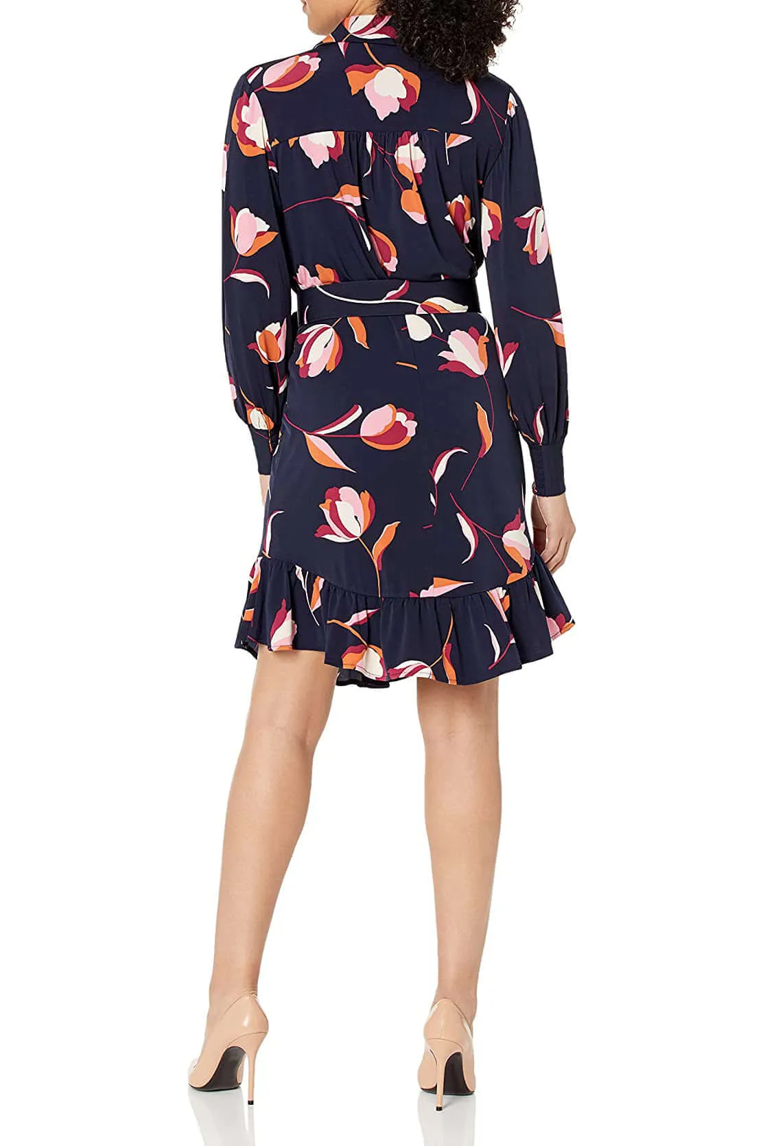 London Times Collared Button Down Elastic Cuff Long Sleeve Belted Jersey Dress