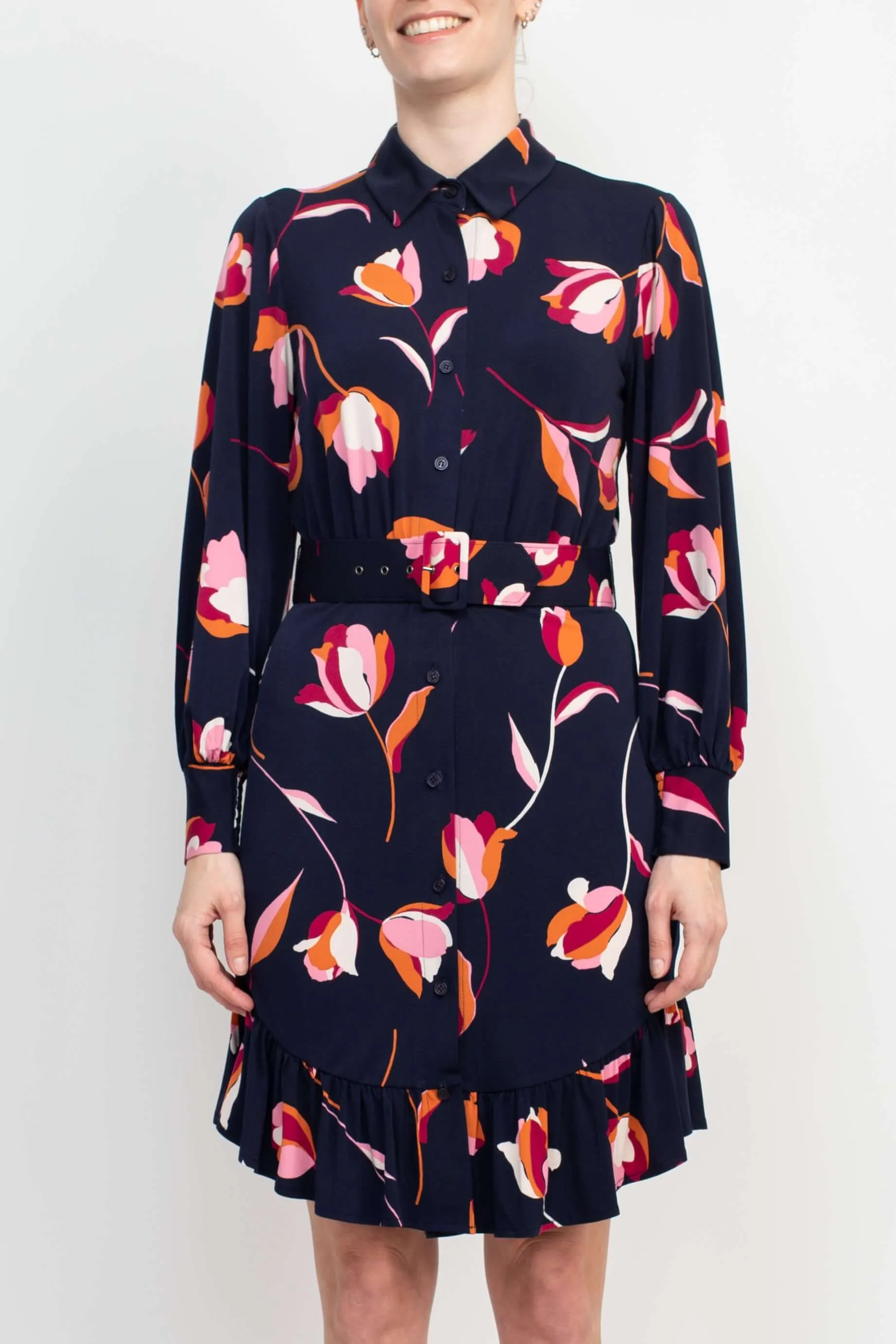 London Times Collared Button Down Elastic Cuff Long Sleeve Belted Jersey Dress