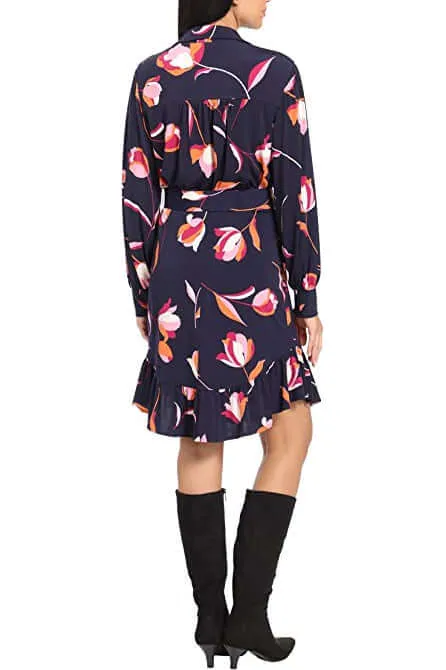 London Times Collared Button Down Elastic Cuff Long Sleeve Belted Jersey Dress
