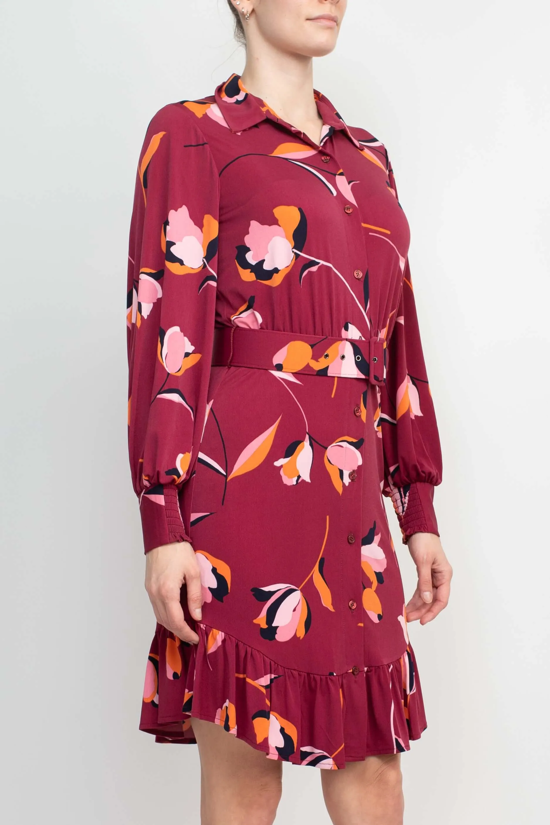 London Times Collared Button Down Elastic Cuff Long Sleeve Belted Jersey Dress