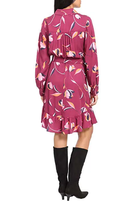 London Times Collared Button Down Elastic Cuff Long Sleeve Belted Jersey Dress