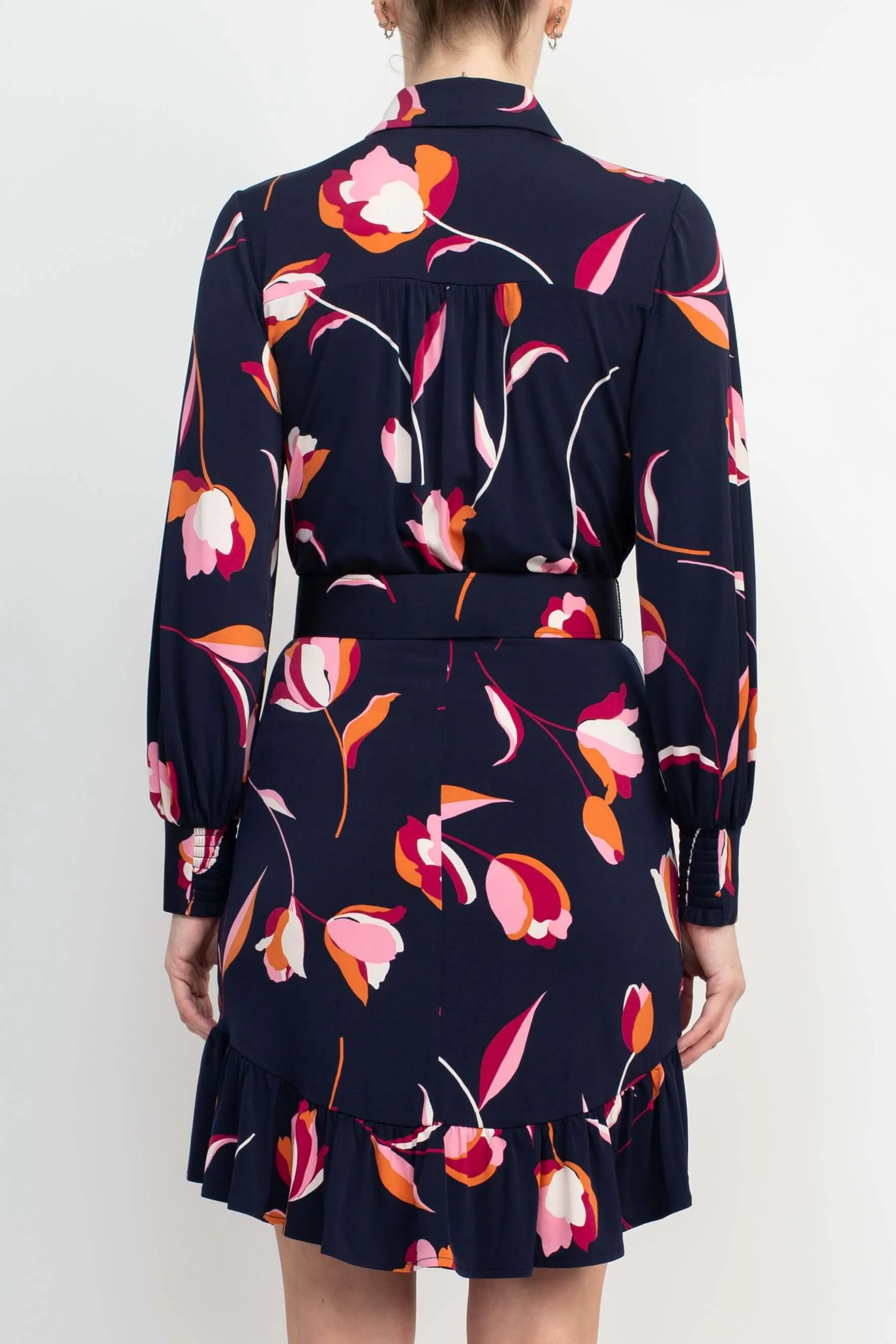 London Times Collared Button Down Elastic Cuff Long Sleeve Belted Jersey Dress