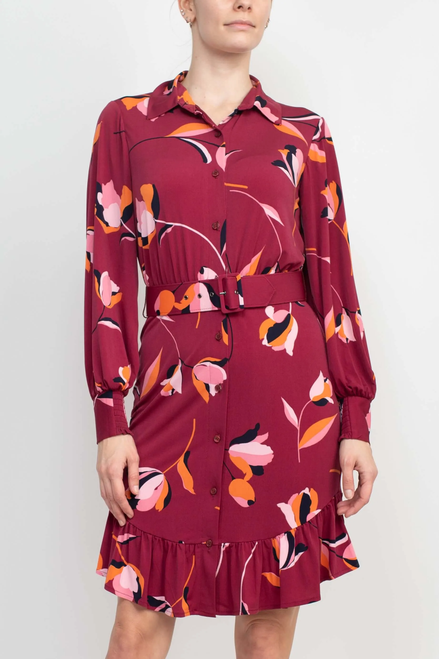 London Times Collared Button Down Elastic Cuff Long Sleeve Belted Jersey Dress