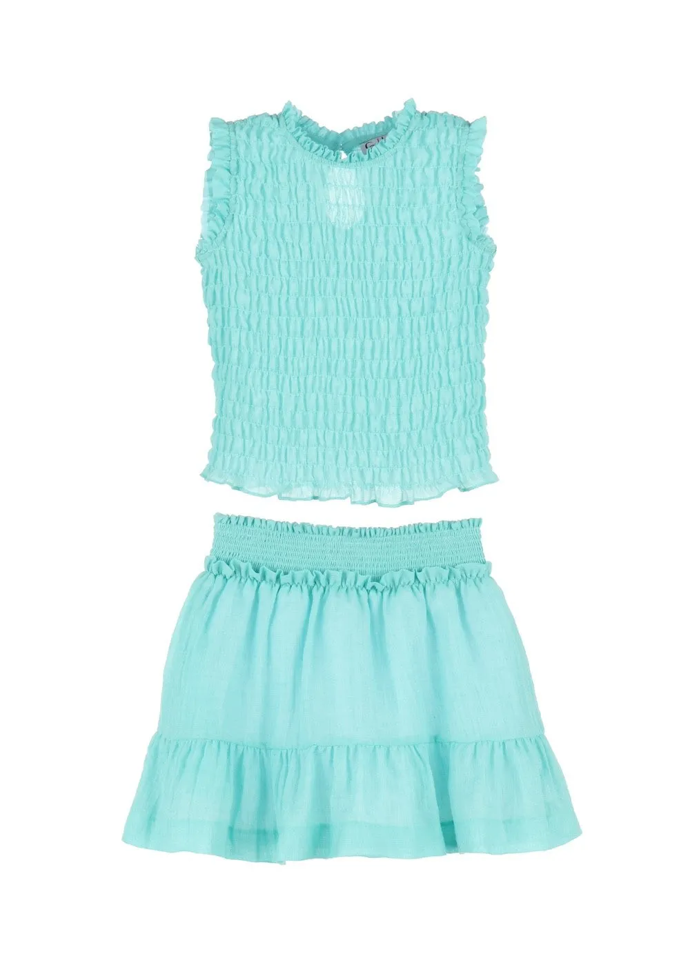 Luli & Me Gabby Girls Dressy Susan Smocked Skirt Set - Aqua