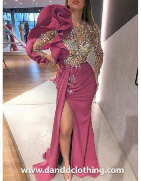 Luxury Evening Gown Magenta Gold stones