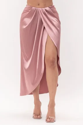 Mauve Satin Open Front Ruched Wrap Flare Maxi Skirt