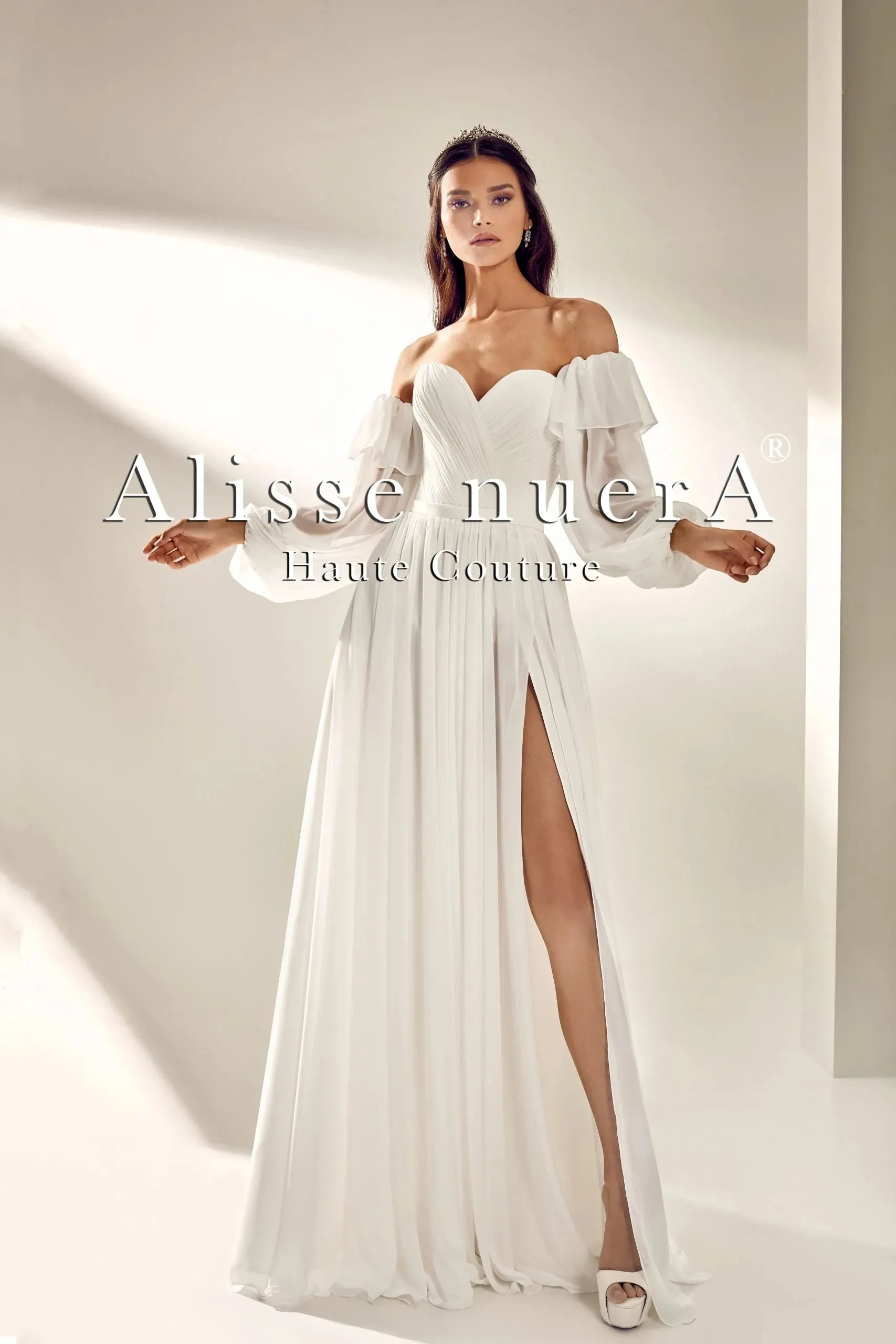 Off White Chiffon Wedding Dress with Leg Slit
