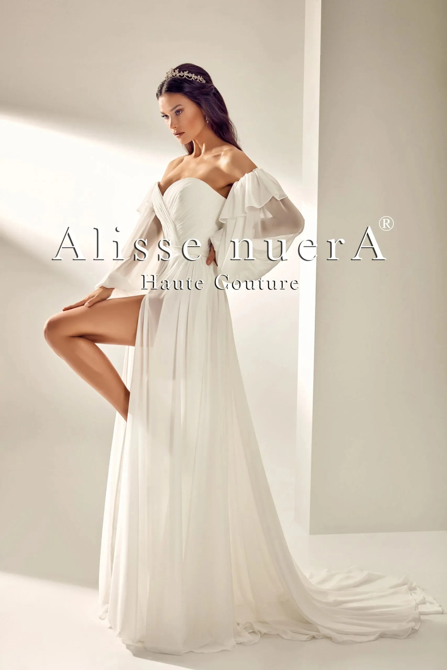 Off White Chiffon Wedding Dress with Leg Slit