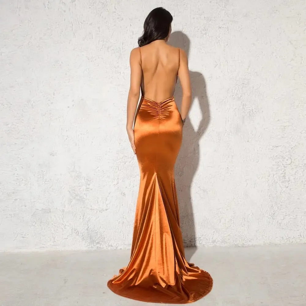 Orange Cut Out Sling Mermaid Satin Dress