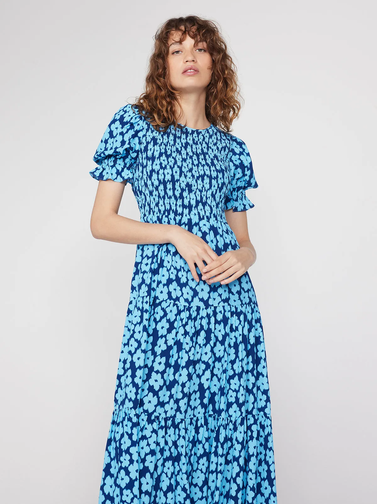 Persephone Blue Blurred Floral Midi Dress