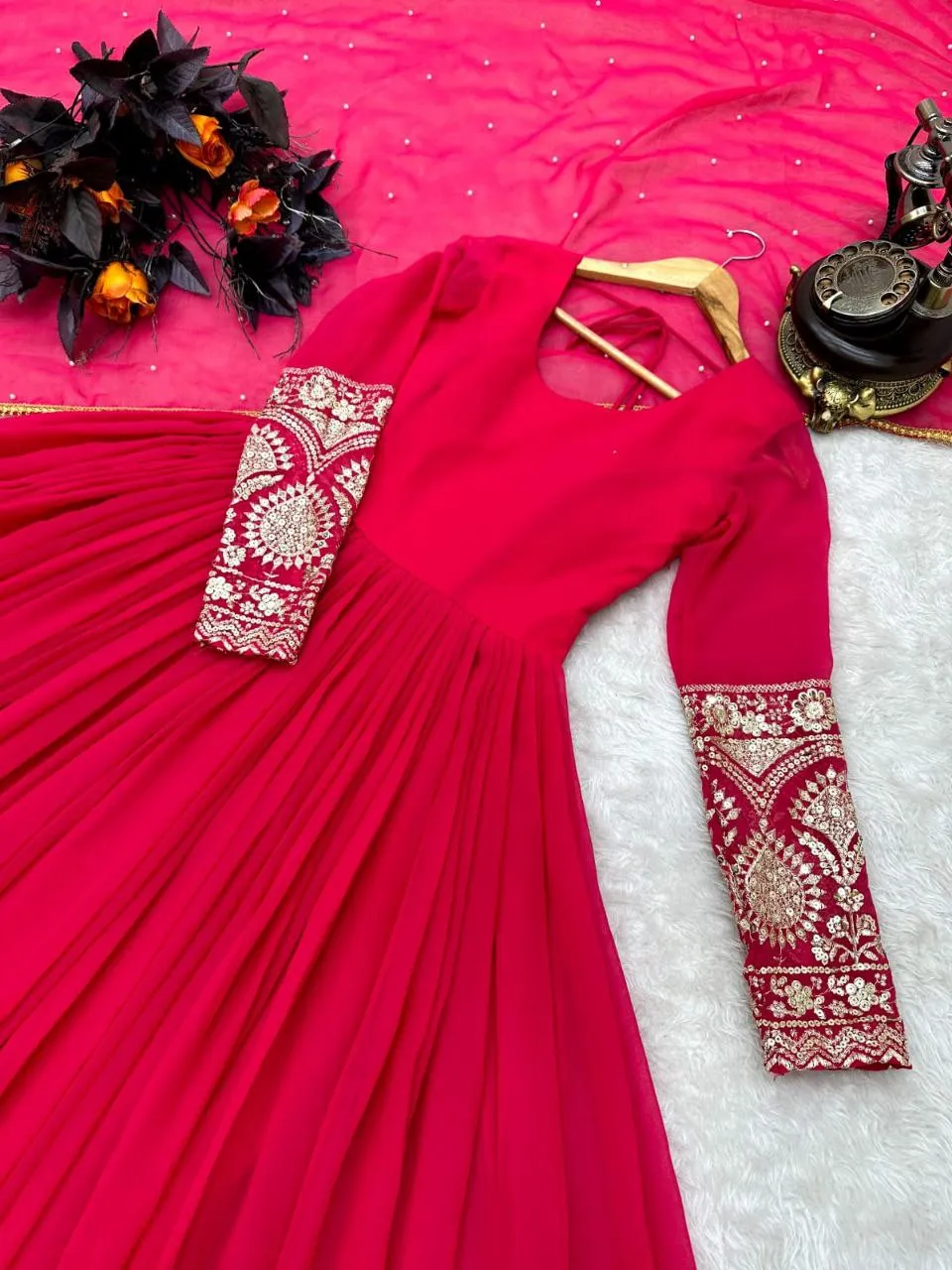 Pink Color Enchanting Fox Georgette Embroidered Gown: Flowing Elegance for Special Occasions