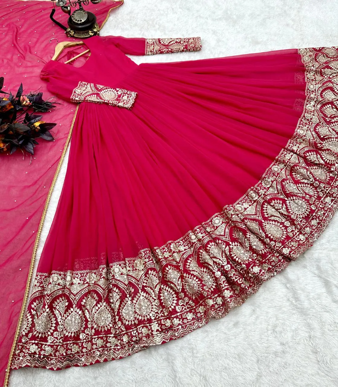 Pink Color Enchanting Fox Georgette Embroidered Gown: Flowing Elegance for Special Occasions