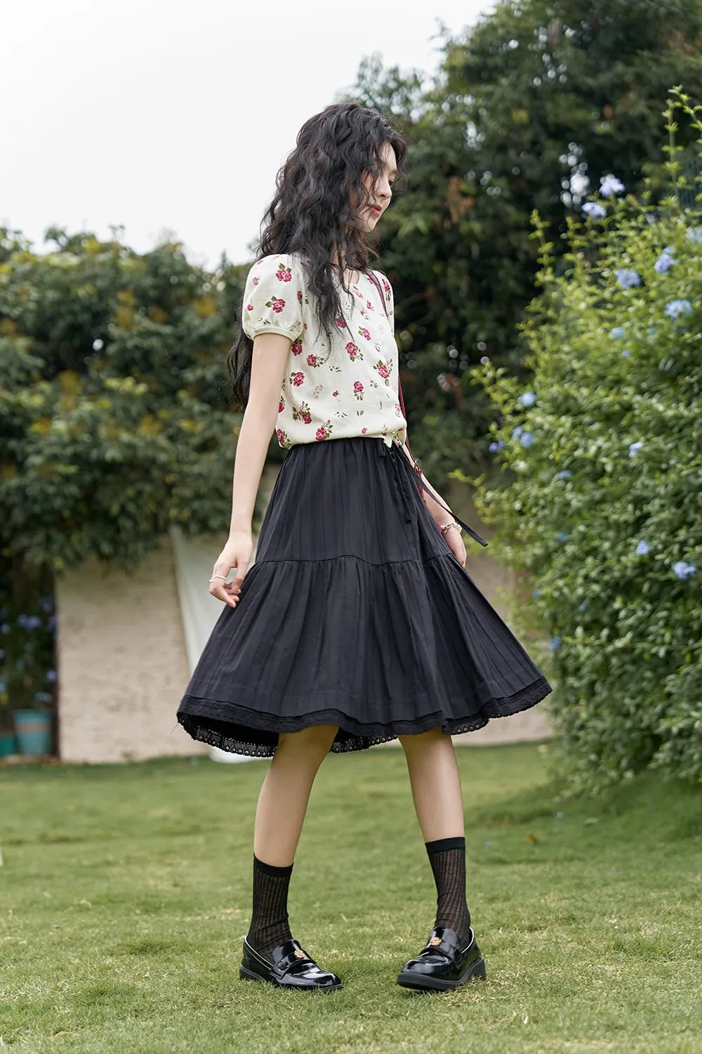 Pleated Black Midi Skirt for Women