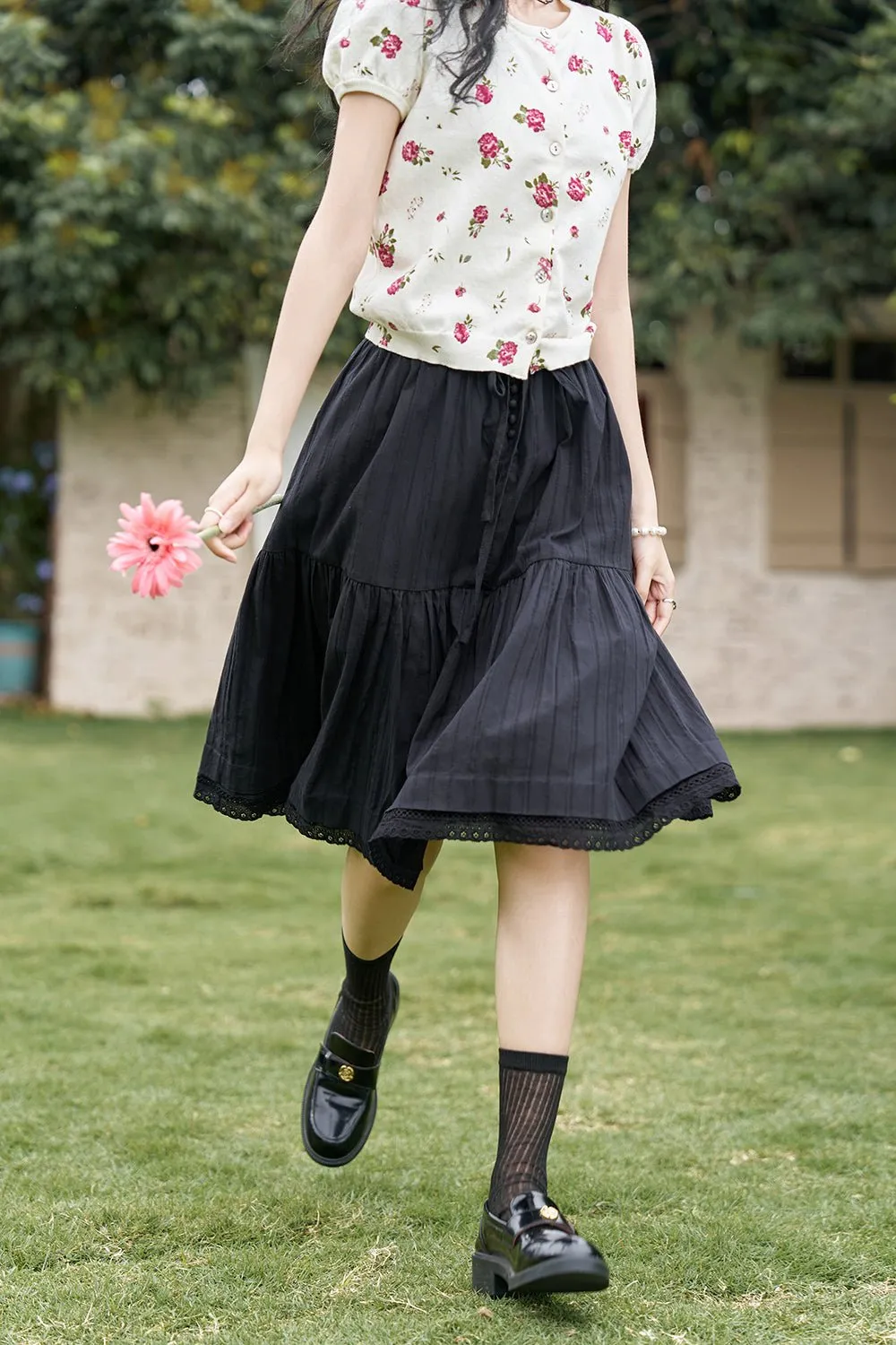 Pleated Black Midi Skirt for Women