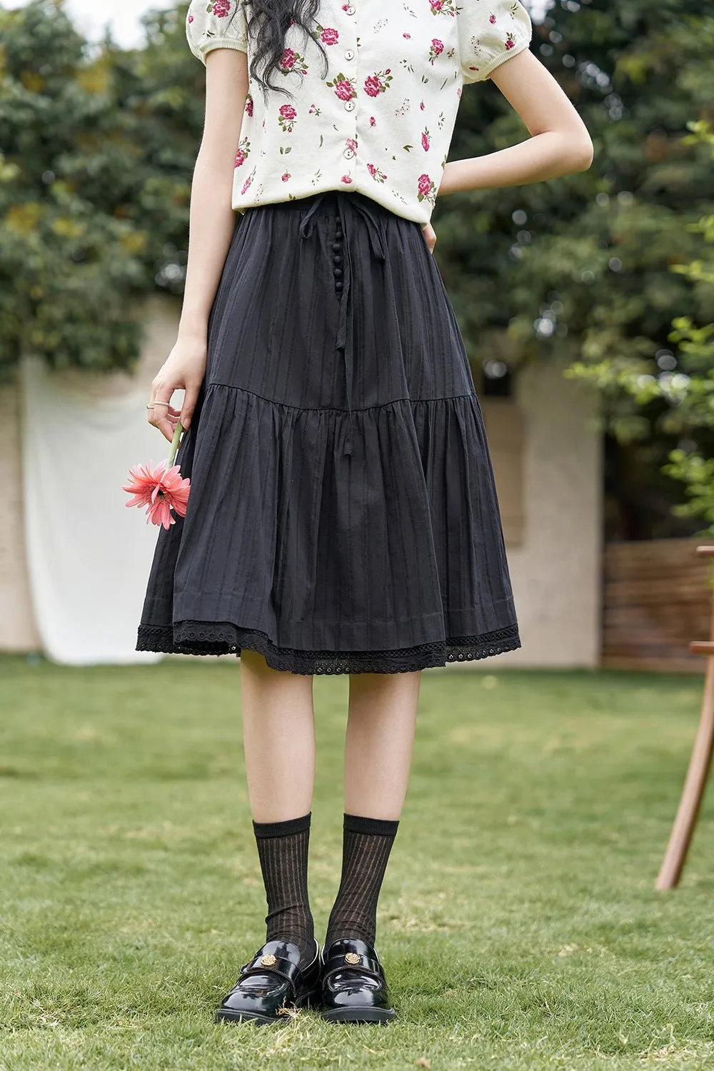 Pleated Black Midi Skirt for Women