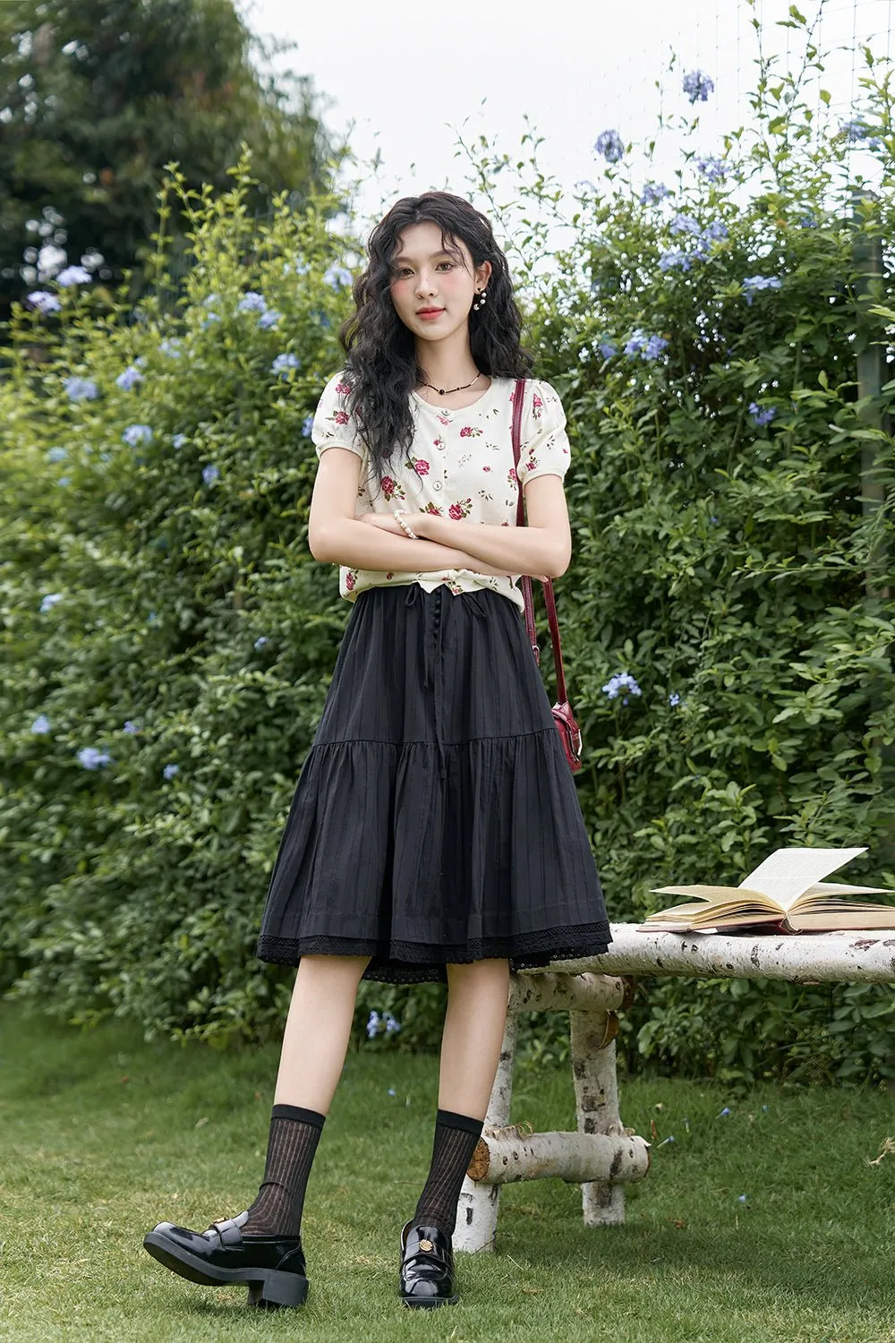 Pleated Black Midi Skirt for Women