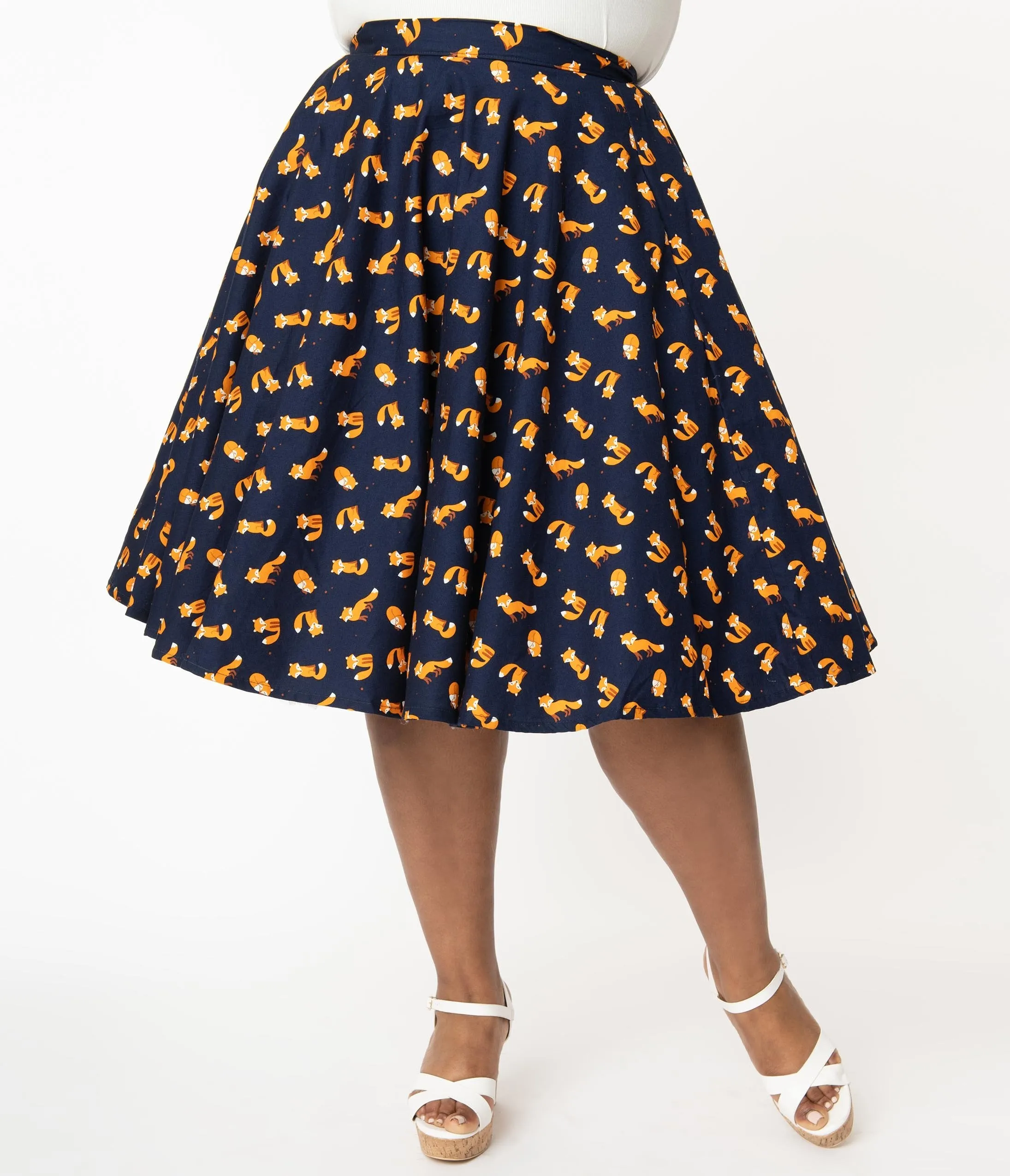 Plus Size Navy & Orange Fox Print High Waist Swing Skirt