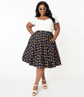 Plus Size Navy & Orange Fox Print High Waist Swing Skirt