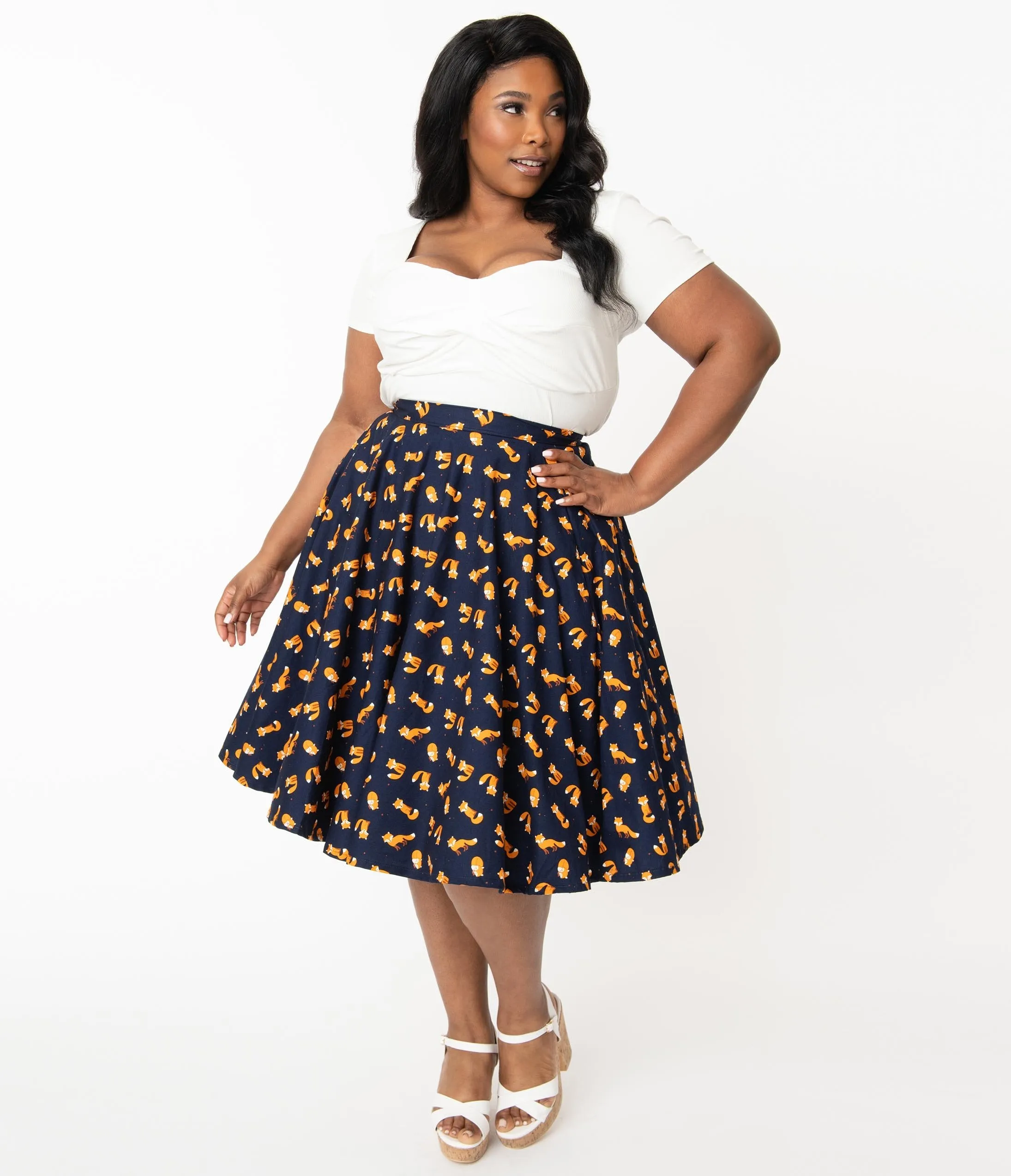 Plus Size Navy & Orange Fox Print High Waist Swing Skirt