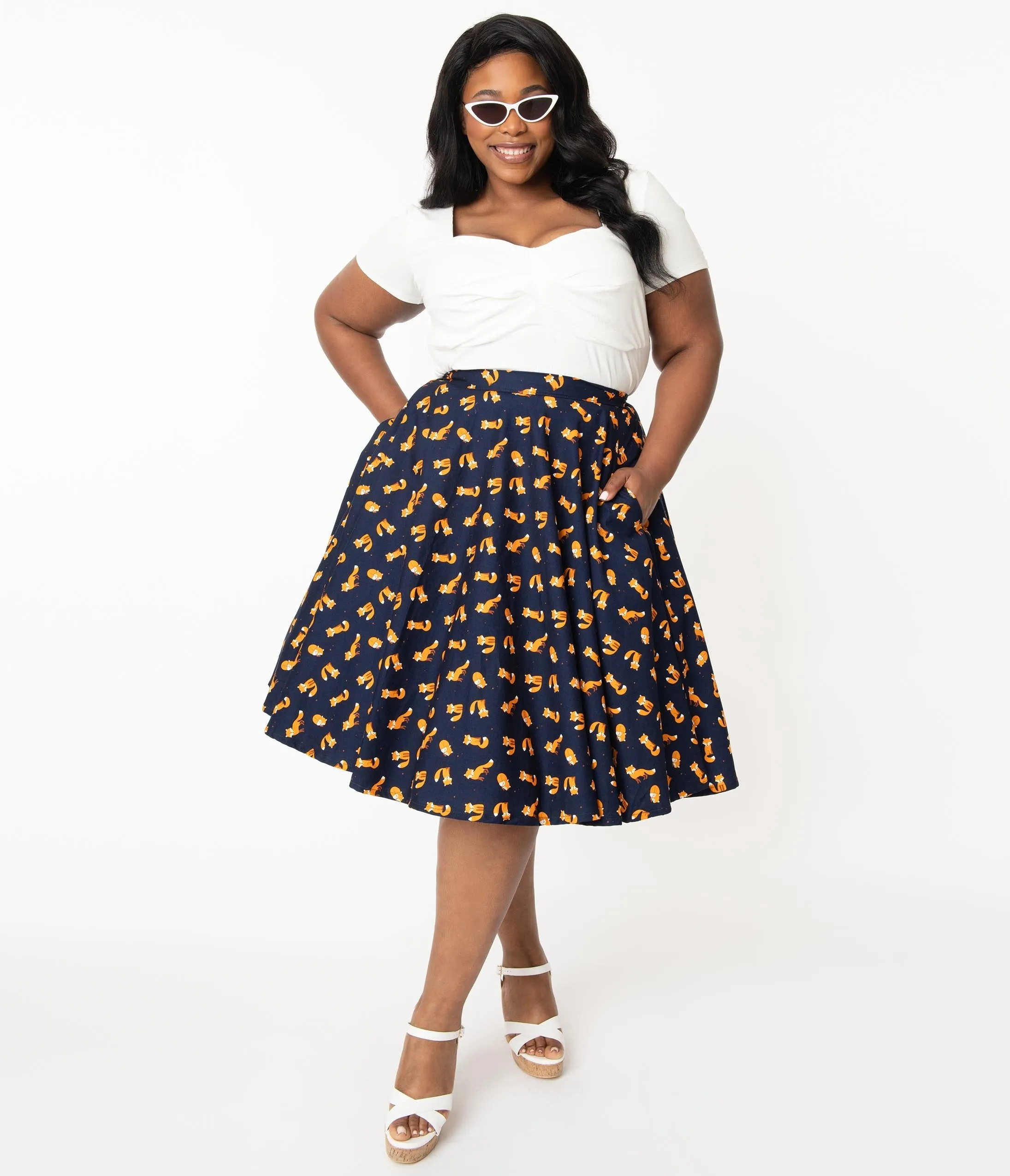Plus Size Navy & Orange Fox Print High Waist Swing Skirt