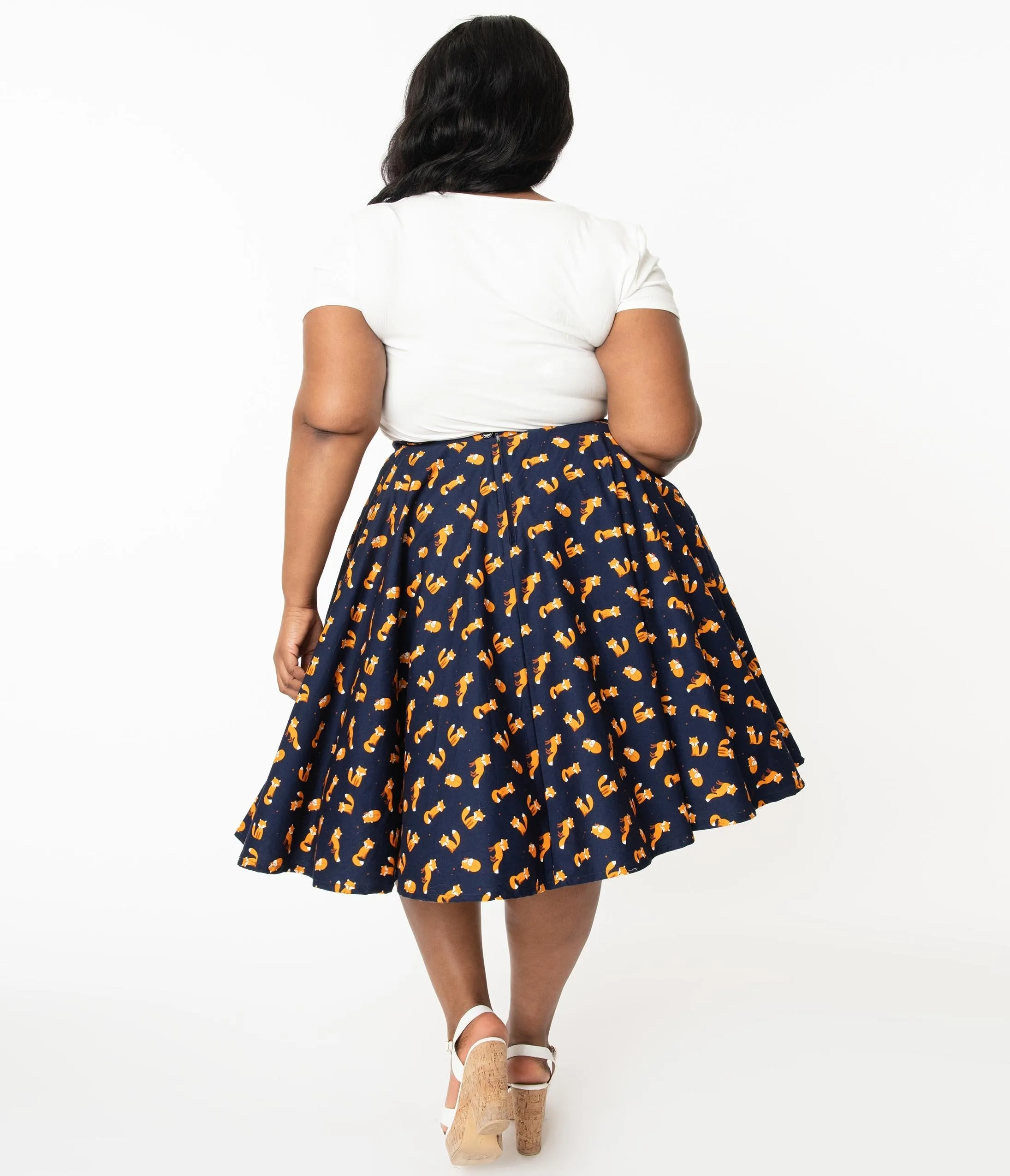 Plus Size Navy & Orange Fox Print High Waist Swing Skirt