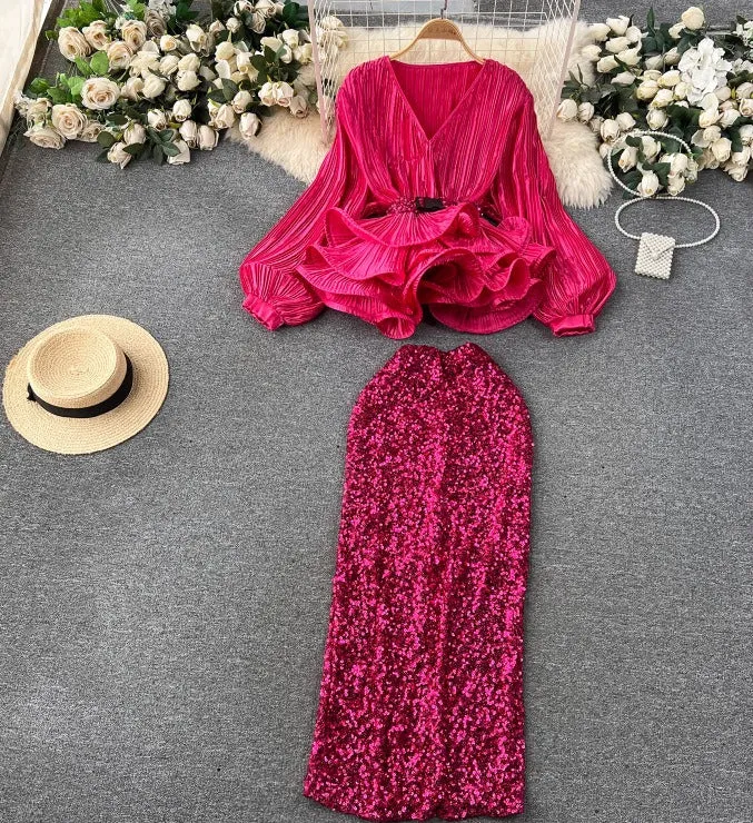 Pre Order:  Waist-Cinching Ruffled Pleated Top   High-Waisted Sequined Skirt