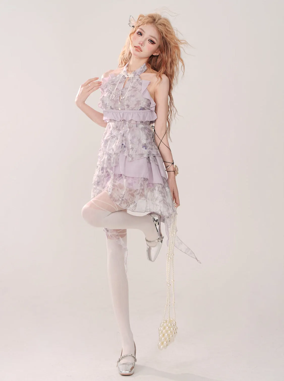 Purple Halter Set-Up Neck Flower Light Flare Dress