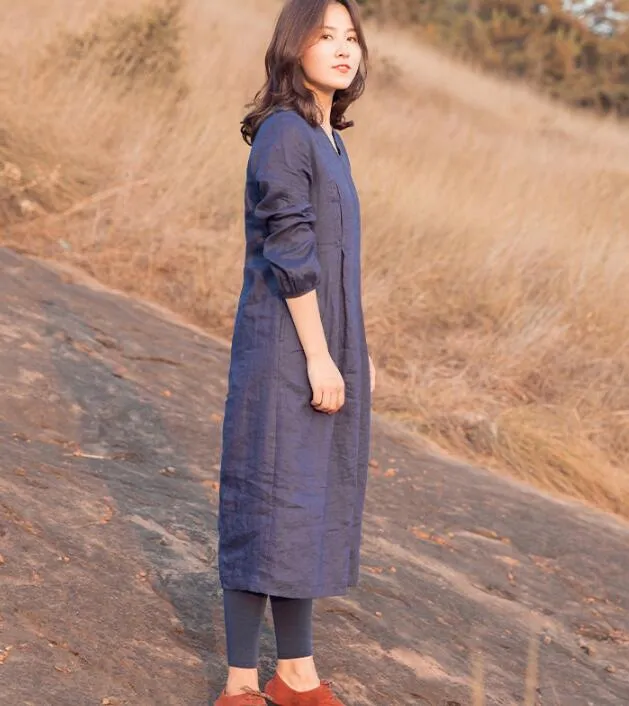 Purple Linen Short Sleeve Women Shift Linen Dresses 90922