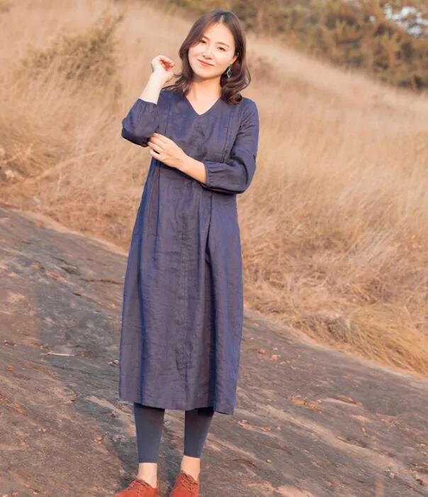 Purple Linen Short Sleeve Women Shift Linen Dresses 90922