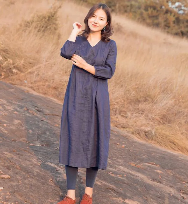 Purple Linen Short Sleeve Women Shift Linen Dresses 90922