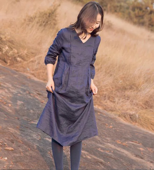 Purple Linen Short Sleeve Women Shift Linen Dresses 90922