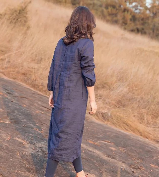 Purple Linen Short Sleeve Women Shift Linen Dresses 90922