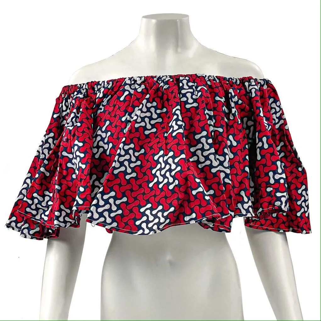 Red & White Off-Shoulder Ankara Top