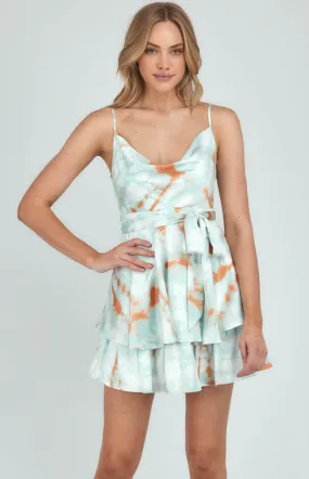 Satin Print Cowl Neck Dress With Double Frill Hem