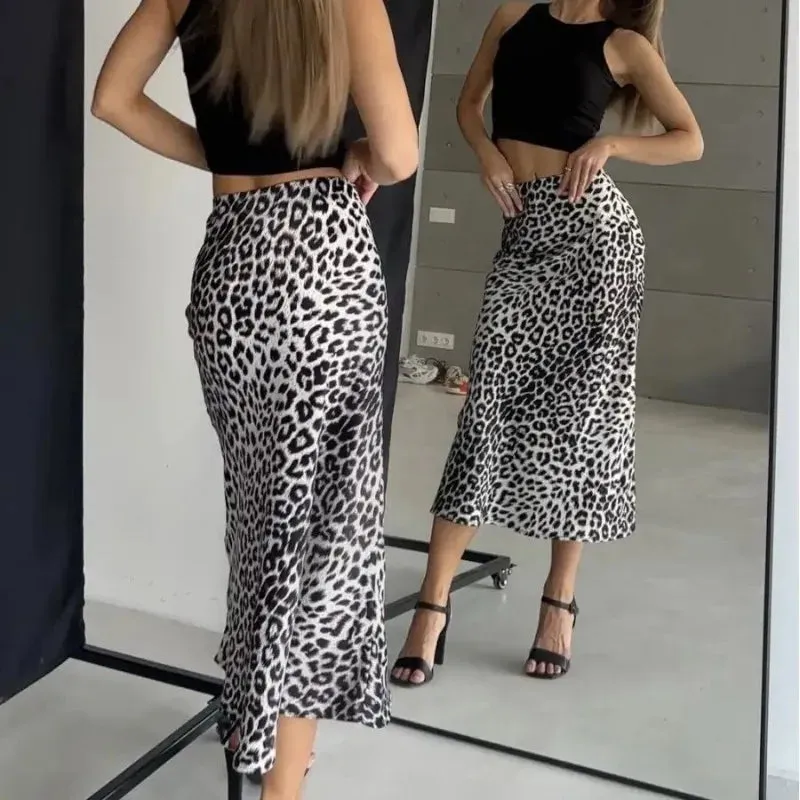 Sexy Leopard Print Long Vintage Satin Skirt