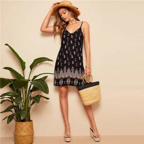 SHEIN Black Sexy Tribal Print Cami Summer Dress
