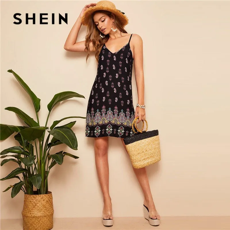 SHEIN Black Sexy Tribal Print Cami Summer Dress