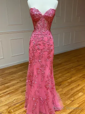 Sweetheart Neck Pink Mermaid Lace Prom Dresses, Pink Mermaid Lace Formal Graduation Dresses