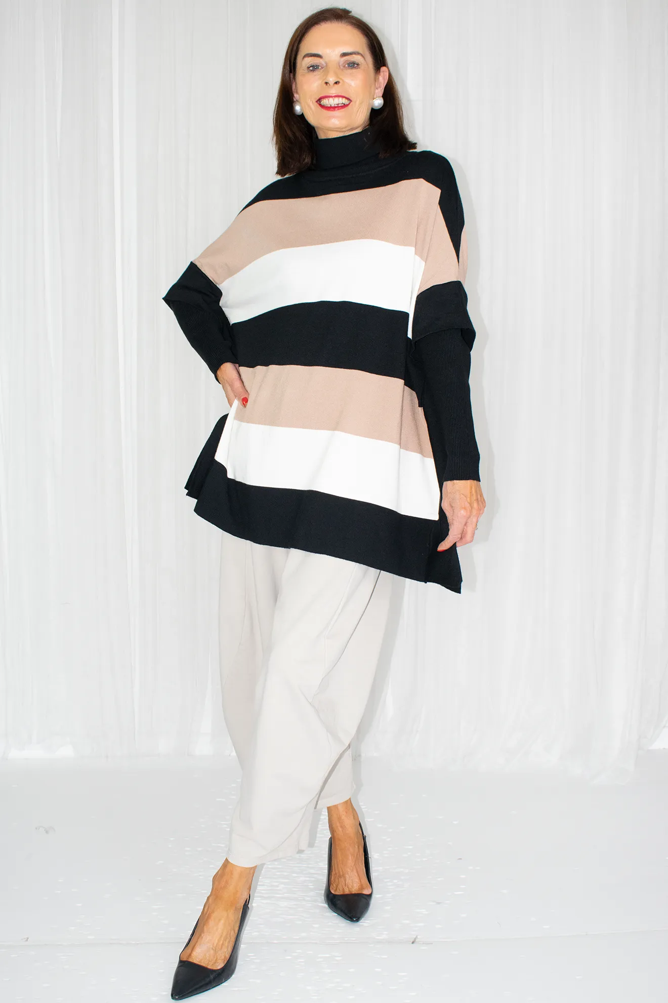 Trina Stripe Turtle Neck Knit in Black/Mocha