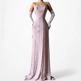 Vintage Pastel Pink Silk Beaded Formal Prom Dress Size M